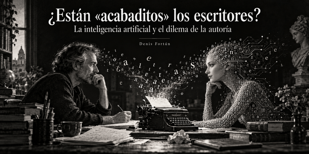 Un escritor conversa con una figura de inteligencia artificial frente a una máquina de escribir, en blanco y negro.