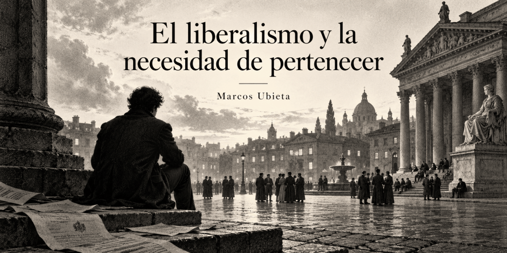 Banner en blanco y negro del ensayo de Marcos Ubieta sobre liberalismo y pertenencia