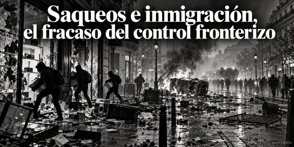 Ilustración en blanco y negro de disturbios y saqueos en una ciudad francesa.