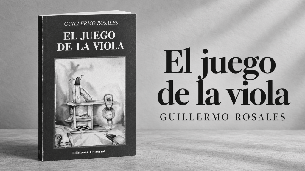 Mockup en blanco y negro de El juego de la viola, de Guillermo Rosales, basado en la cubierta de 1994.